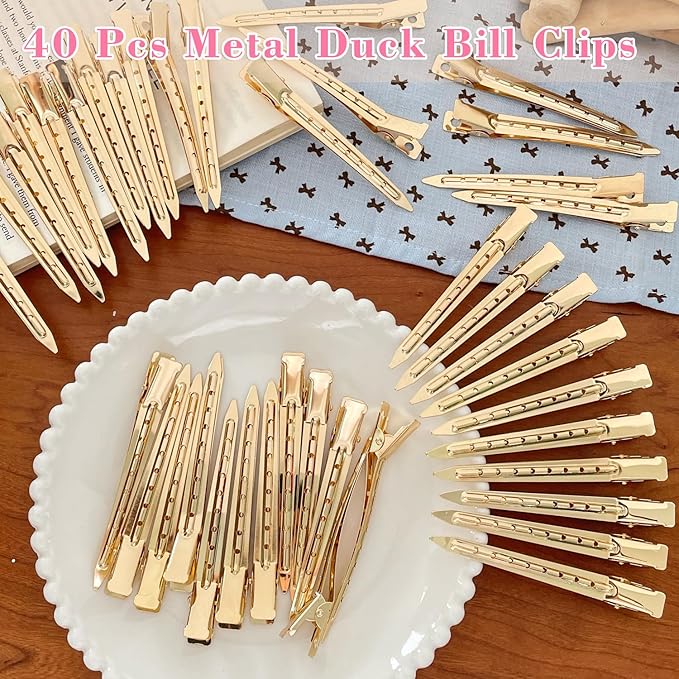 40 PCS 3.5 Inch Golden Duck Billed Clips,Metal Alligator Curl Hair Clips with Holes for Styling, Coloring, Thick Hair Rollers, Salon Use,Alligator Clips for Women for Thick Hair & Thin Hair,golden