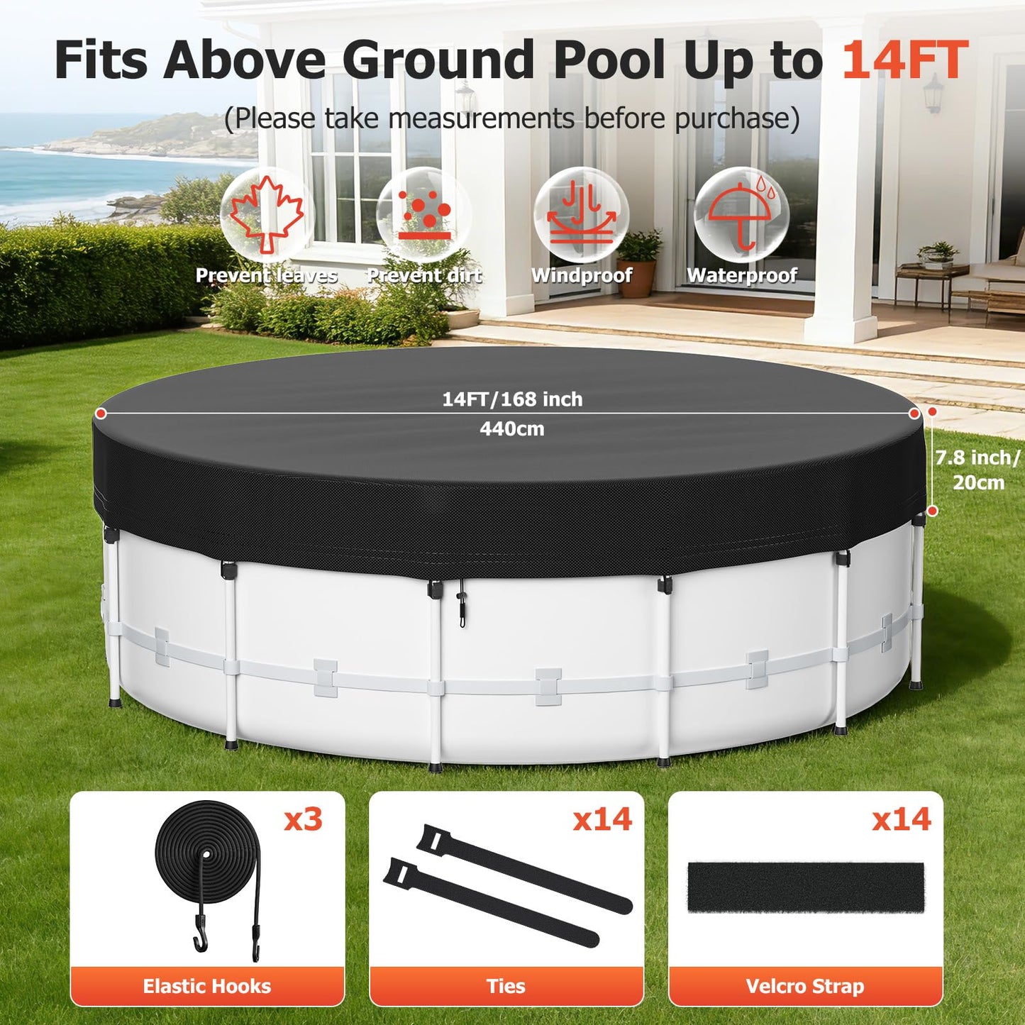 14 Ft Round Pool Cover for Metal Frame Above Ground Pools - Upgraded Windproof Design Compatible with Intex/Bestway Frame Above Ground Outdoor Swimming Pool (Black)