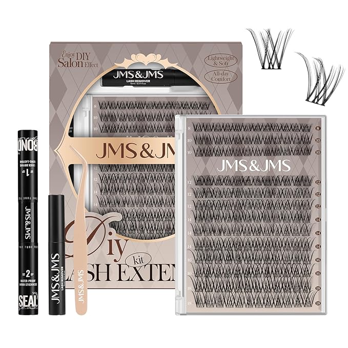 JMS&JMS Lash Clusters Kit D Curl Lash Lift Kit Wispy Natural Lash Clusters with Lash Bond and Seal Eyelash Applictor Lash Remover Lash Extension Kit for Beginner (8-18mix)