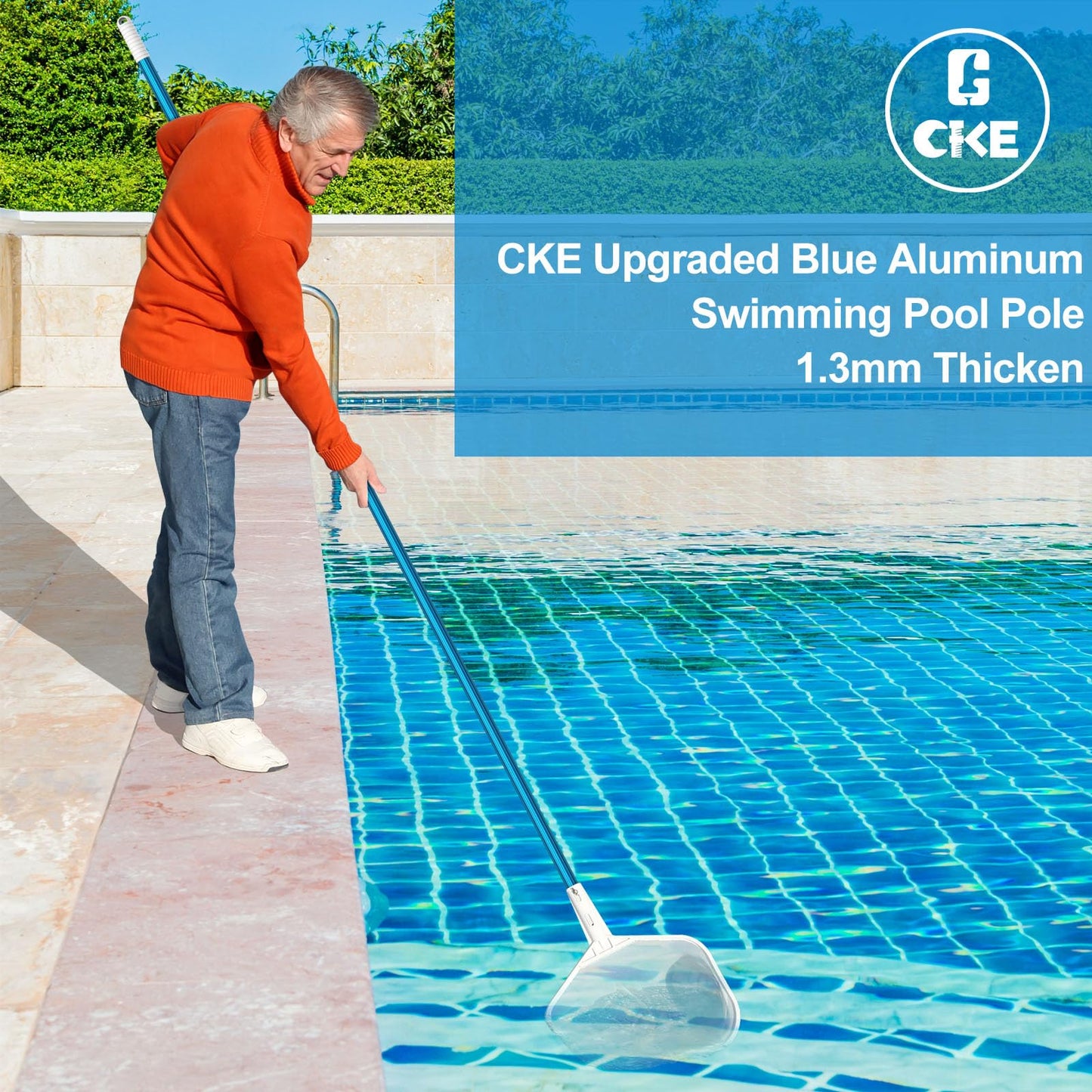 CKE Upgraded 15 Feet Thicken 1.3mm Blue Aluminum Telescoping Swimming Pool Pole,Adjustable 3 Piece Expandable Step-Up,Attach Connect Skimmer Nets,Rakes,Brushes,Vacuum Heads with Hoses, Universal 1.25"