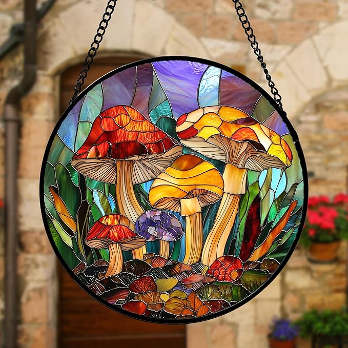 DASTOLL Stained Glass Window Hanging, Jungle Mushrooms Sun Catchers Diamond Glass Panel Hangings Plant Suncatcher Decor for Birthday for Women, Men, Wife, Aunt, and Mom 9.8 in