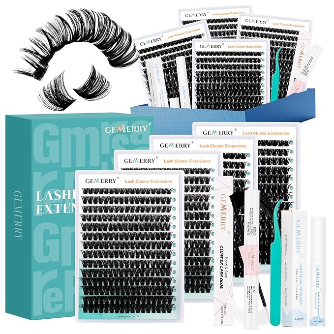 GEMERRY Lashes Clusters Kit Thick Lash Clusters 2 Styles 728Pcs Fluffy Lash Clusters Kit with Waterproof Bond and Seal Remover Tweezers for Beginners（2X 100P+200P）