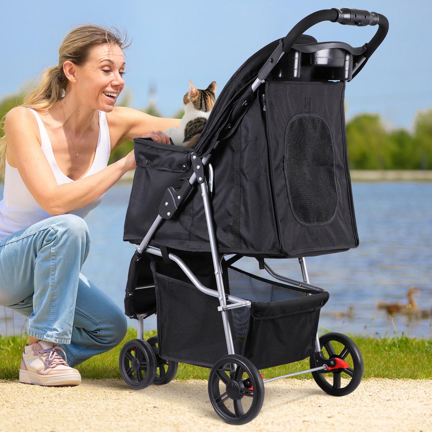 LEMY 3 Wheels Pet Dog Cat Stroller for Small Medium Dogs Cats,Black Foldable Jogger Travel Puppy with Detachable Carrier