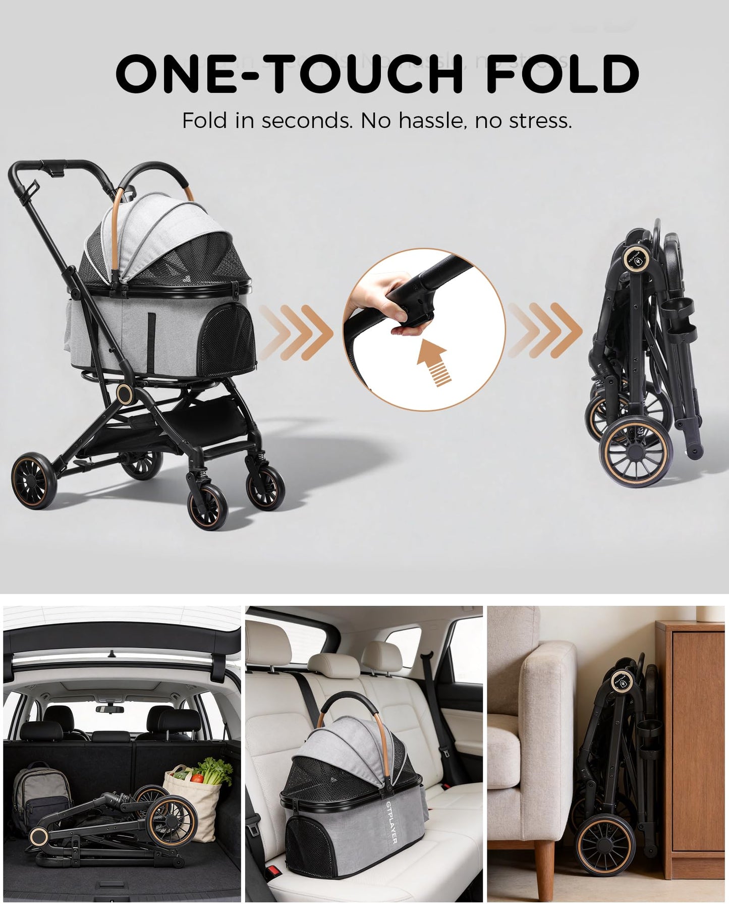 GTPLAYER Pet Stroller for Small Dogs and Cats, One-Click Foldable, Detachable Carrier, Breathable Mesh, 45 lbs Capacity, 2 Safety Leashes, Storage Basket & Cup Holder, Grey