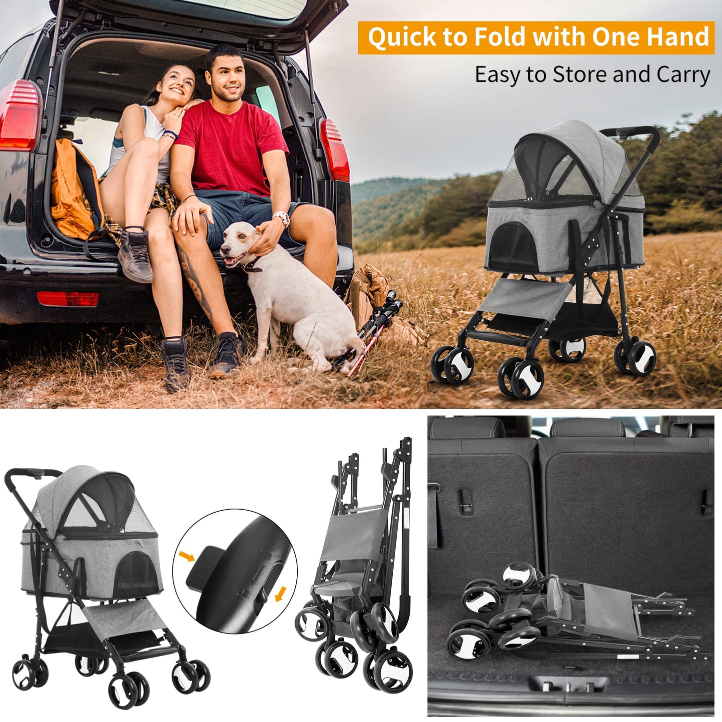 BLKMTY Dog Stroller 3-in-1 Folding Pet Strollers Cat 4 Wheels w/Storage Basket Dog Carrier Trolley One-Button Switch Travel Stroller with Safety Belt Detachable Carrier, Grey