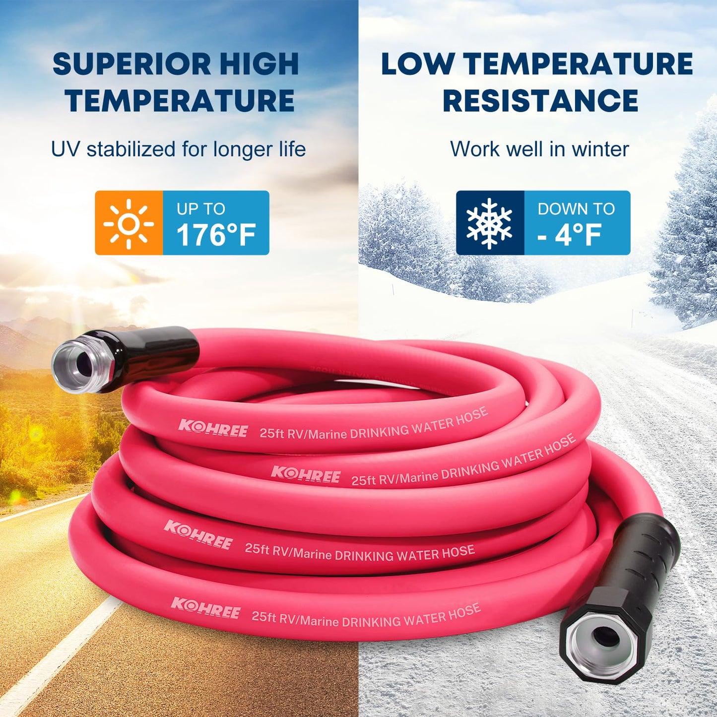 Kohree 25FT RV Water Hose, 5/8'' Premium Drinking Water Hose Leak Free, No Kink and Flexible Garden Hose with Storage Bag, Ideal for RV, Camper, Garden, Truck, Car - Pink