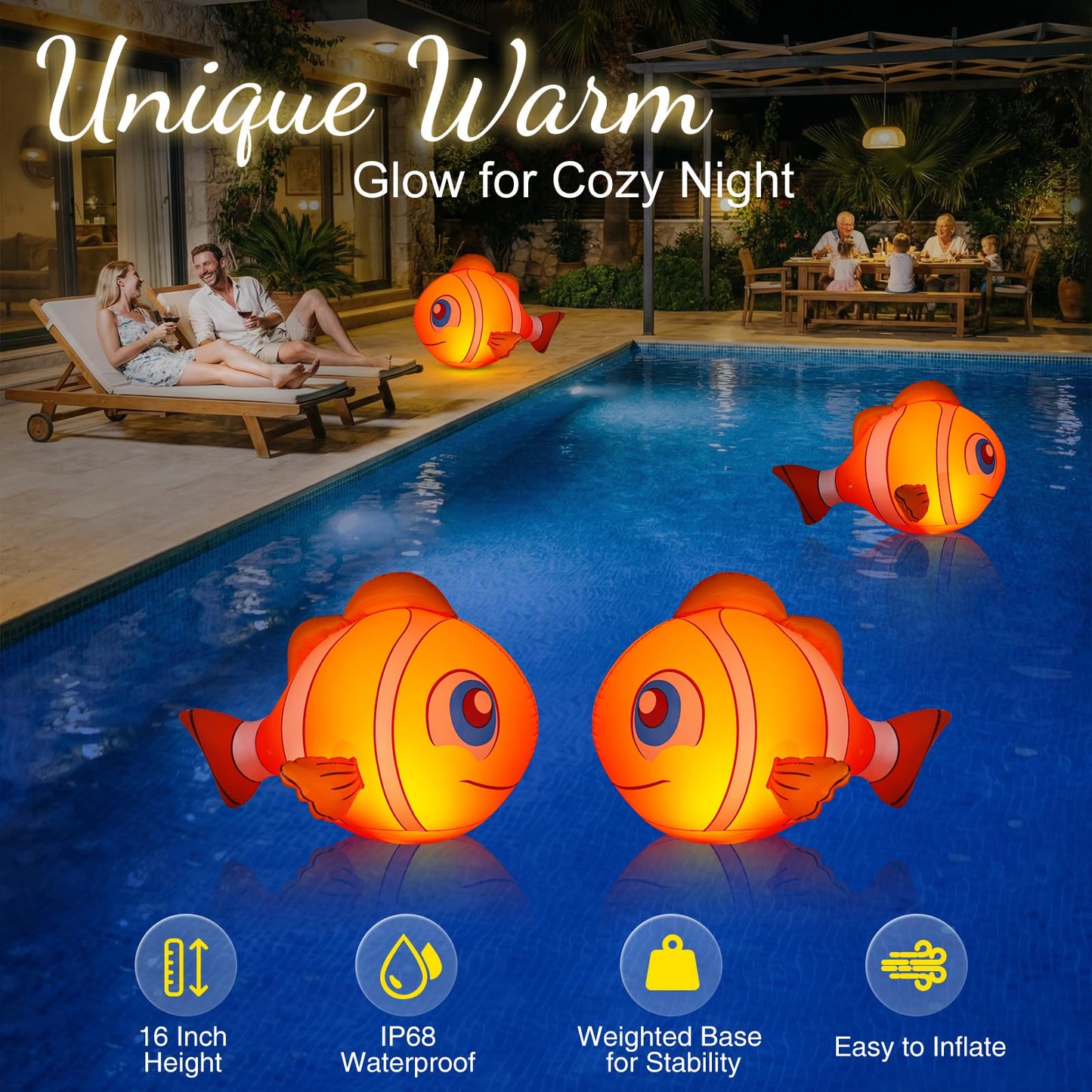 Cootway Floating Pool Lights Solar Powered, 16'' Inflatable Waterproof Clownfish Solar Pool Lights that Float, Auto On/Off LED Floating Lights for Pool Garden Backyard Outdoor Decoration - (2 Piece)
