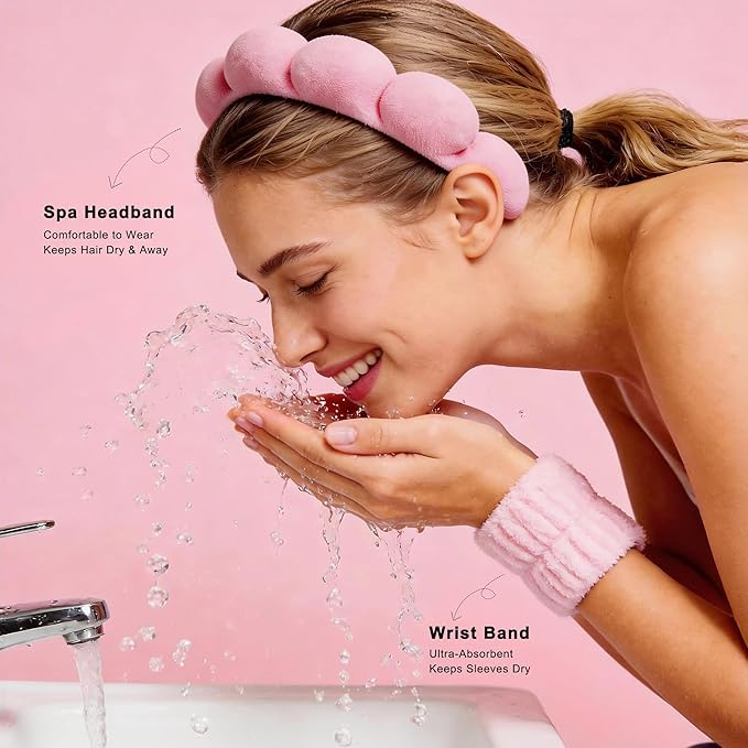 Real Perfection Spa Headband for Washing Face, Skincare Headband Wristband Set for Women, Reusable Machine-Washable Makeup Remover Towel Cloth, 1oz Small Spray Bottle with Travel Makeup Bag - Pink