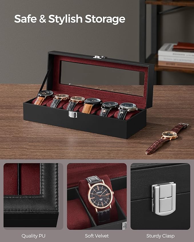 SONGMICS Watch Box, 6-Slot Watch Case Organizer with Large Glass Lid, Removable Pillows, Gift for Loved Ones, Black Synthetic Leather, Wine Red Lining UJWB006R01
