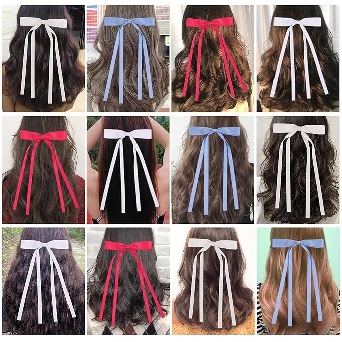 Hair Bows Clips Coquette Ribbon Bowknot with Long Tail Princess Hair Bows French Barrettes Hair Accessories for Women Girls 16PCS (Rose red, Cream,White, Blue)