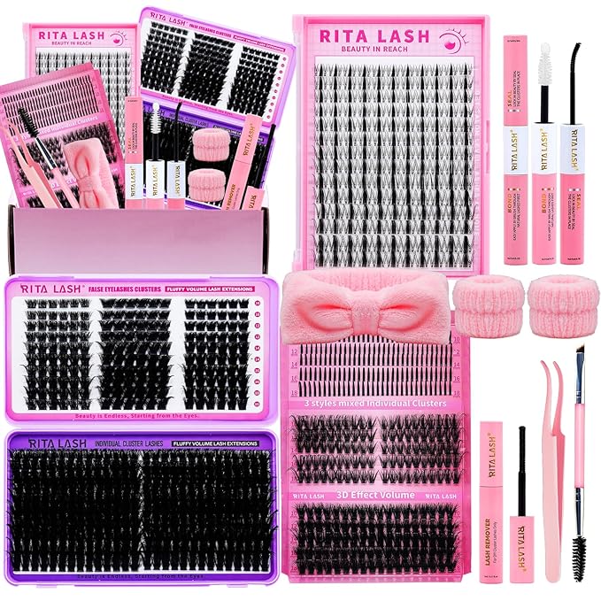 Lash Clusters Kit Eyelash Clusters Kit 3D Effect Cluster Eyelash Extensions Large Pack Spike Lash Extension PestaÃÂ±as Postizas Naturales+Lash Bond&Seal,Remover,Tweezers,headband,wristband(Lash Kit-6)