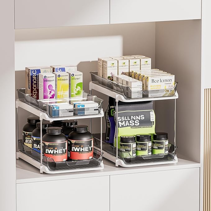 Delamu 2-Tier Multi-Purpose Bathroom Under Sink Organizers and Storage, Stackable Kitchen Pantry Organization, Pull Out Medicine Cabinet Organizer with Movable Dividers, Grey, 2 Pack