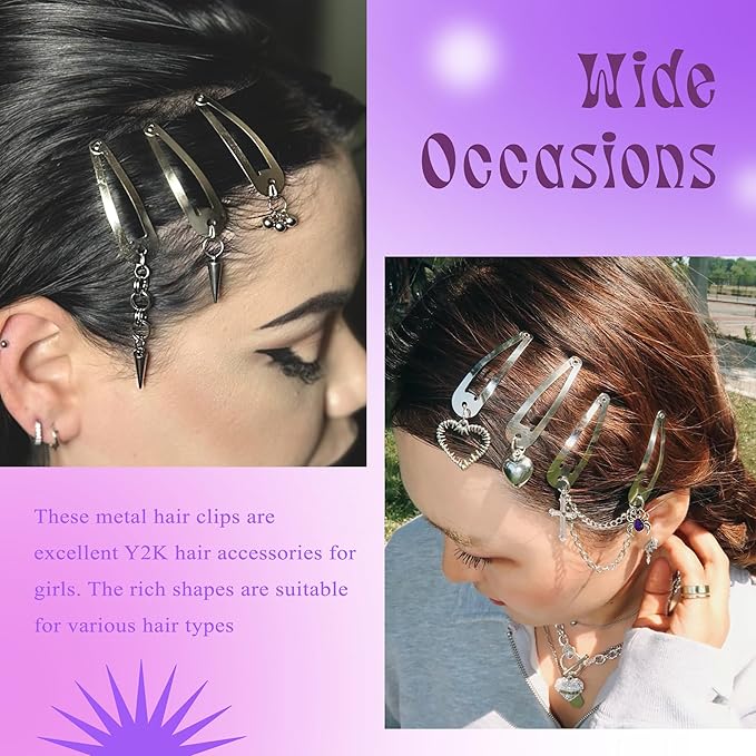 10PCS Y2K Hair Clips Purple Punk Hair Snap Clips Pastel Goth Dangle Spider Skeleton Cross Ghost Snake Halloween Hair Accessories for Women Girls