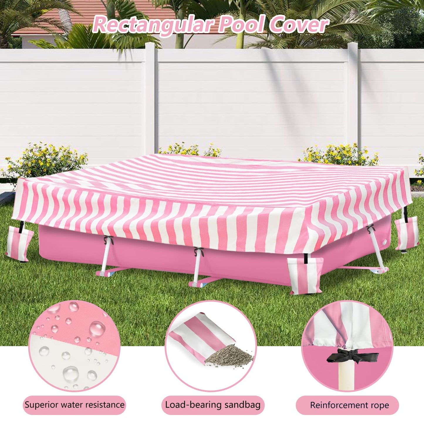 Sobana Rectangular Pool Cover,Waterproof Covers for 7' x 5' x 24" Rectangular Metal Frame Above Ground Outdoor Swimming Pool,with Tie-Down Ropes & 4 Sandbags,Increase Stability(Cover only,Pink)