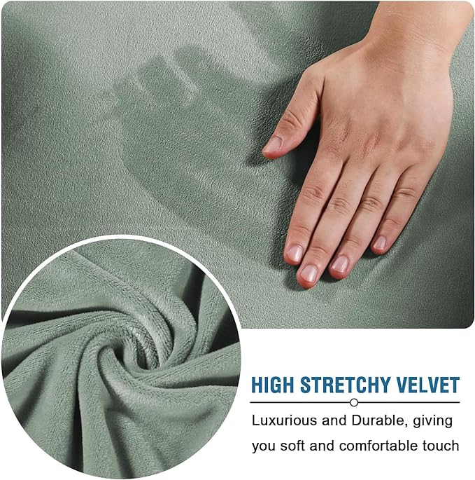 H.VERSAILTEX Modern Velvet Plush 4 Piece High Stretch Sofa Slipcover Sofa Cover Furniture Protector Form Fit Luxury Thick Velvet Sofa Cover for 3 Cushion Couch Width Up to 90 Inch (Sofa, Sea Grass)