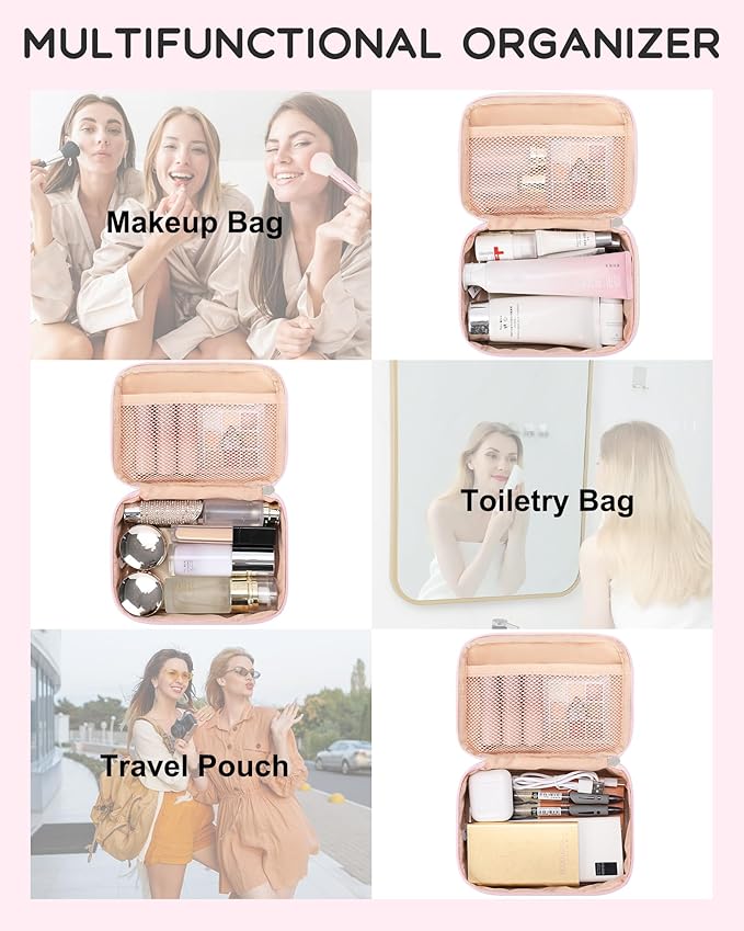 Relavel Travel Makeup Bag, Small Pink Cosmetic Bag with 2 Makeup Brush Holders, Portable Makeup Pouch for Women, Cute Toiletry Bag with Double Layer Organizer, Strip