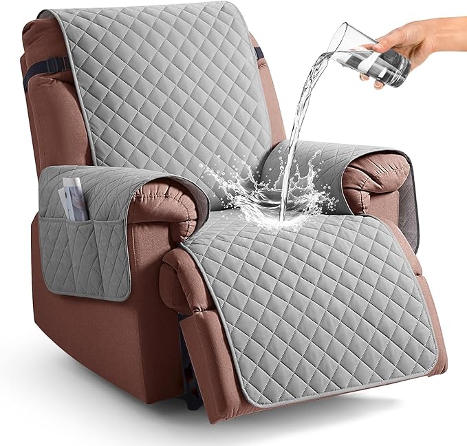 KinCam 100% Waterproof Recliner Chair Cover, Reclining Couch Covers for Pets, Dogs, Recliner Couch Slipcover Furniture Protector with Elastic Straps for Kids(28", Light Gray)