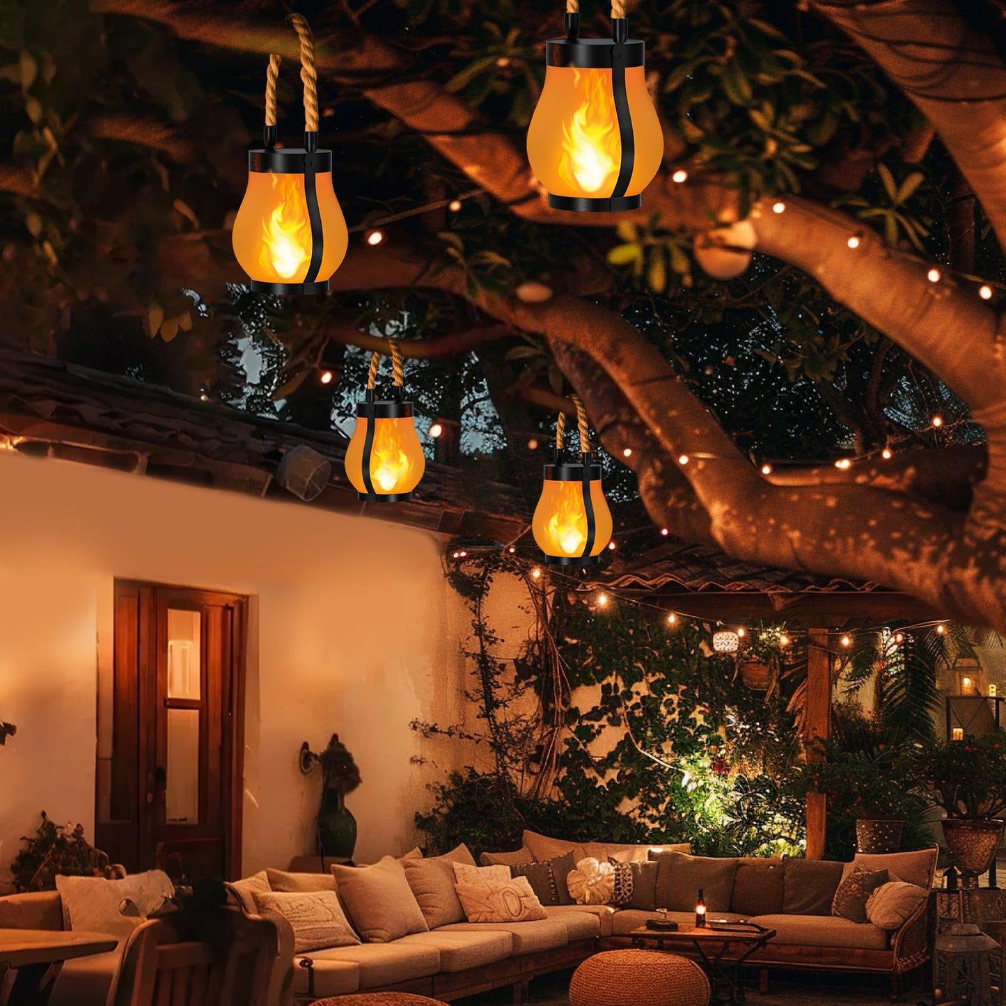 Hompavo Gen2 Solar Lanterns Outdoor Waterproof with Realistic Flickering Flame, Dual Charging (USB/Solar) & 2 Modes - Decorative Hanging/Table Lights for Yard Patio Garden Halloween Christmas Decor, 2