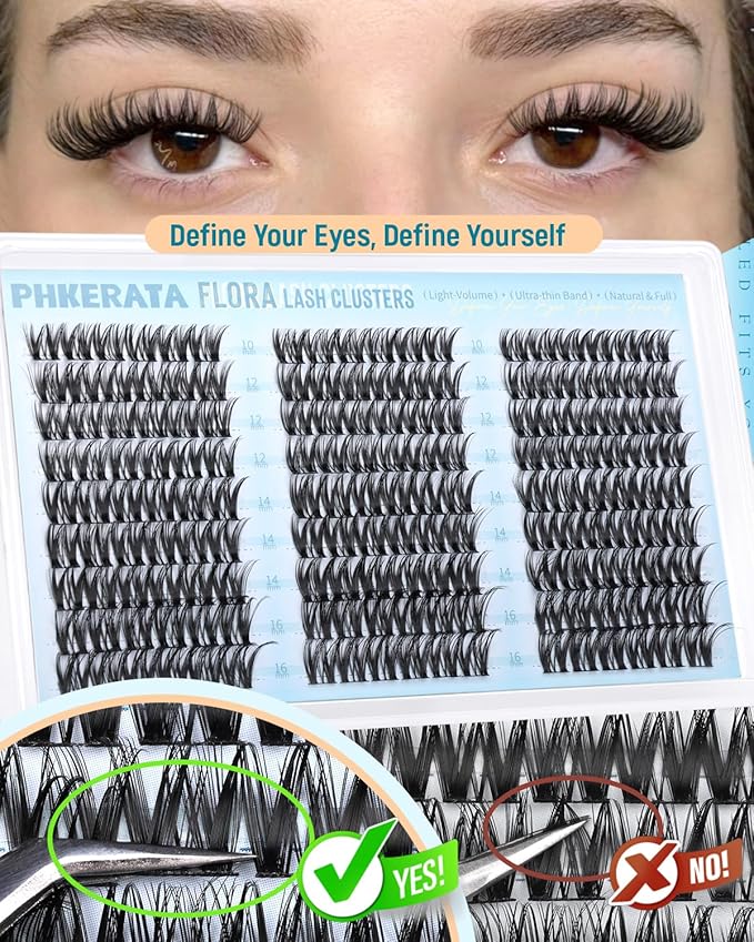 PHKERATA Flora Lash Clusters Wispy Eyelash Clusters 162pcs Natural Cluster Eyelash Extensions Ultra-thin Band Cluster Lashes C Curve Lash Extension DIY Soft Individual Lashes, 10-16mm