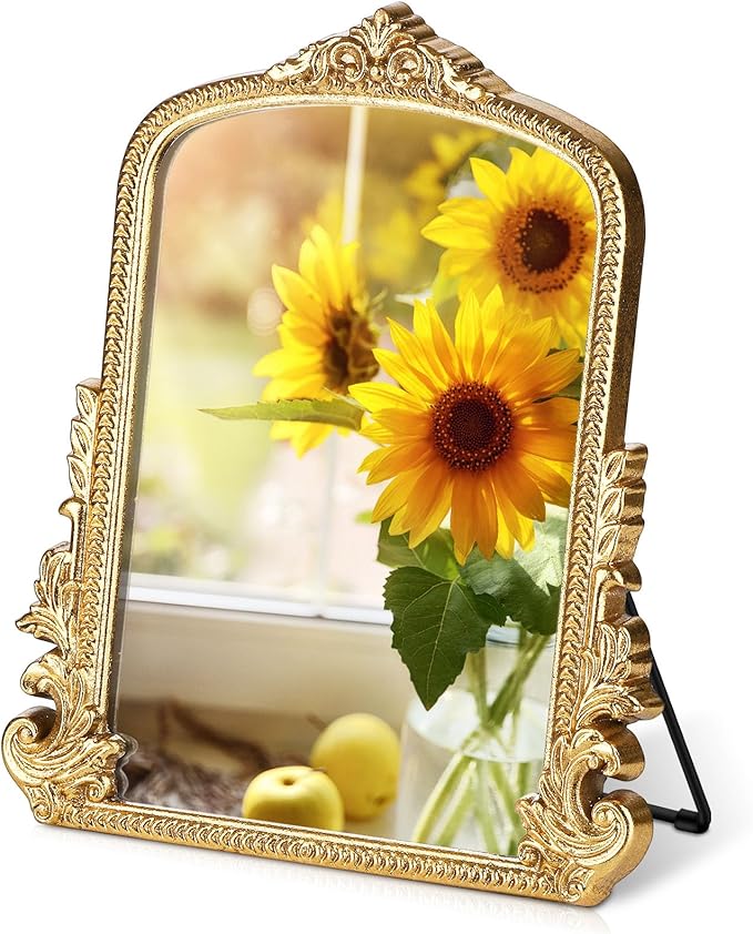 Vintage Makeup Mirror, Vanity Desk Mirror Antique Traditional Tabletop Mirror, Standing, Hang or Wall Mounted, Adjustable Dress-up Mirror, Gold Decor Mirror for Living Room,Bedroom (gold, 12*9.8 in)