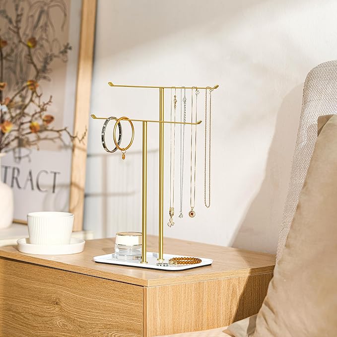 pickpiff Necklace Holder Jewelry Organizer Stand Ã¢ÂÂ 2Ã¢ÂÂTier TÃ¢ÂÂBar Jewelry Display Tree with Tray for Countertop Necklace Bracelet Earring Storage, Vanity Dresser Bathroom Sink, Gold
