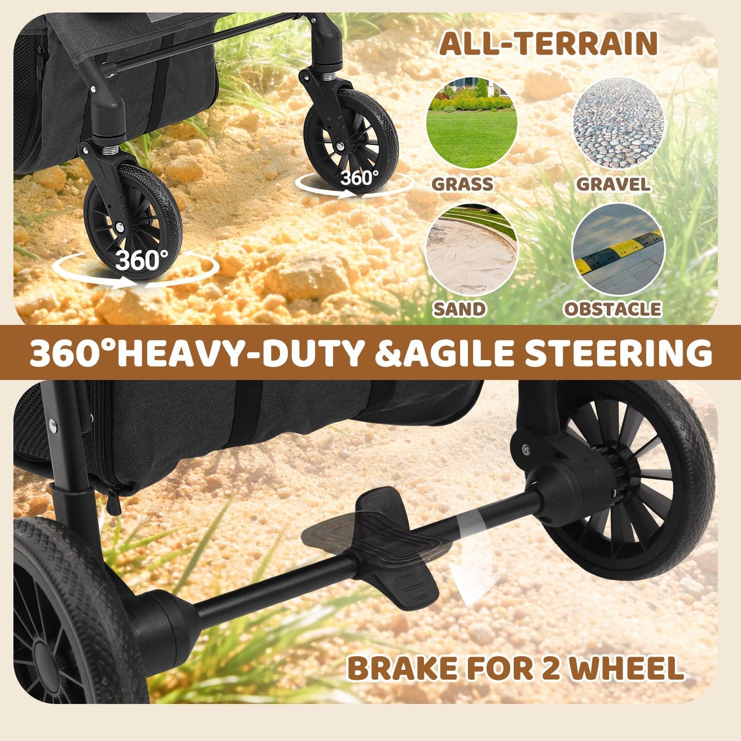 Dog Stroller for Small Pets, All-Terrain 4-Wheel Cat & Dog Carrier with 360° Front Wheels, Adjustable Handle & Canopy|Cup Holder & Storage Basket|Foldable in One Step|Ventilated Design for Comfort