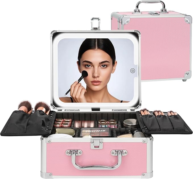 Relavel Makeup Bag with LED Mirror, Cute Makeup Box Travel Train Case with Rechargeable Lighted Mirror, Cosmetic Brush Organizer Storage for Makeup Artists Gifts for Women and Girls, Pink