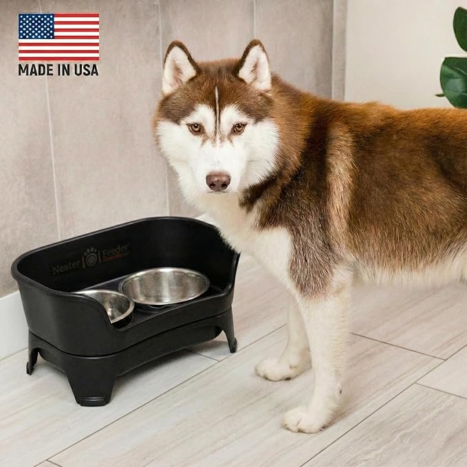 Neater Feeder - Express Model w/ Slow Feed Bowl - Mess-Proof Dog Bowls (M/L, Black) Made in USA – Elevated, No Spill, Non-Tip, Non-Slip, Raised Stainless Steel Food/Water Pet Bowls Aid Digestion