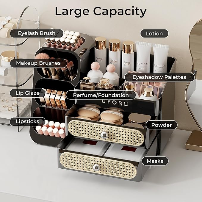 Makeup Organizer for Vanity with Brush Holder, Countertop Skincare Organizer with 2 Drawers, Spacious Cosmetic Display Case for Perfumes, Eyeshadow Palettes, Nail Polishes, Black