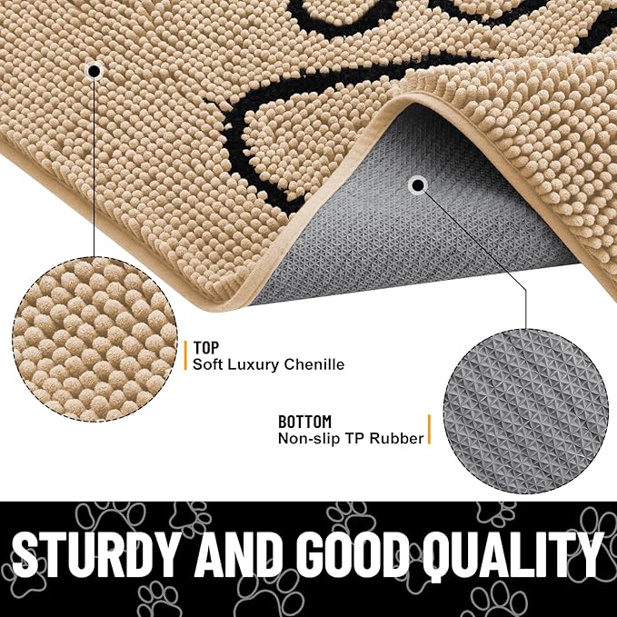 Smiry Dog Door Mat for Muddy Paws, Absorbent Dirt Trapper Non Slip Quick Dry Washable Chenille Mat for Mud Dogs, Entry Rug for Indoor and Outdoor (48x30 Inches, Beige and Black)