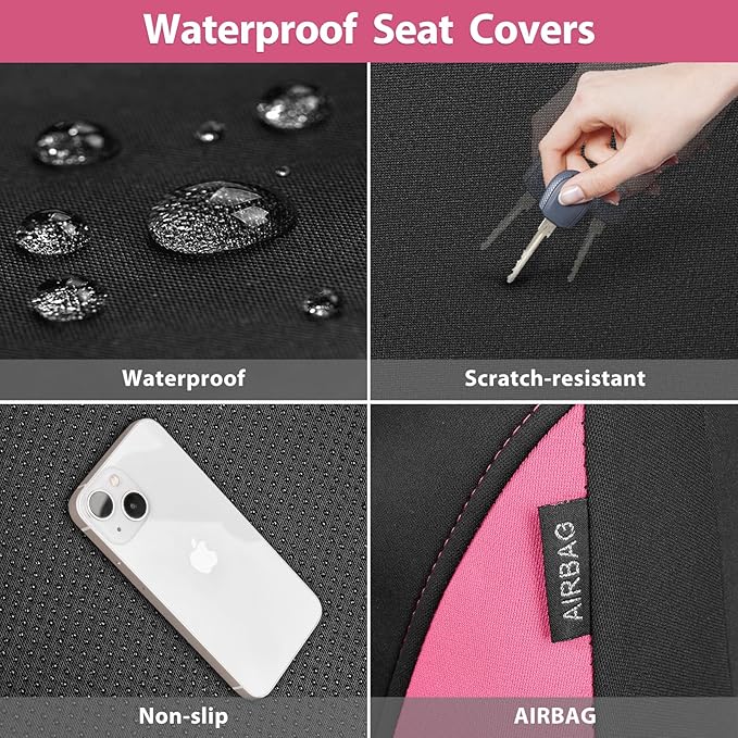 CAR PASS Waterproof Car Seat Covers Front Seats Only with 5mm Composite EVA, Neoprene Car Seat Cover Separate Headrest Cover, Quick Setup Universal Fit for Car SUV Trucks,Airbag Compatible Black Pink