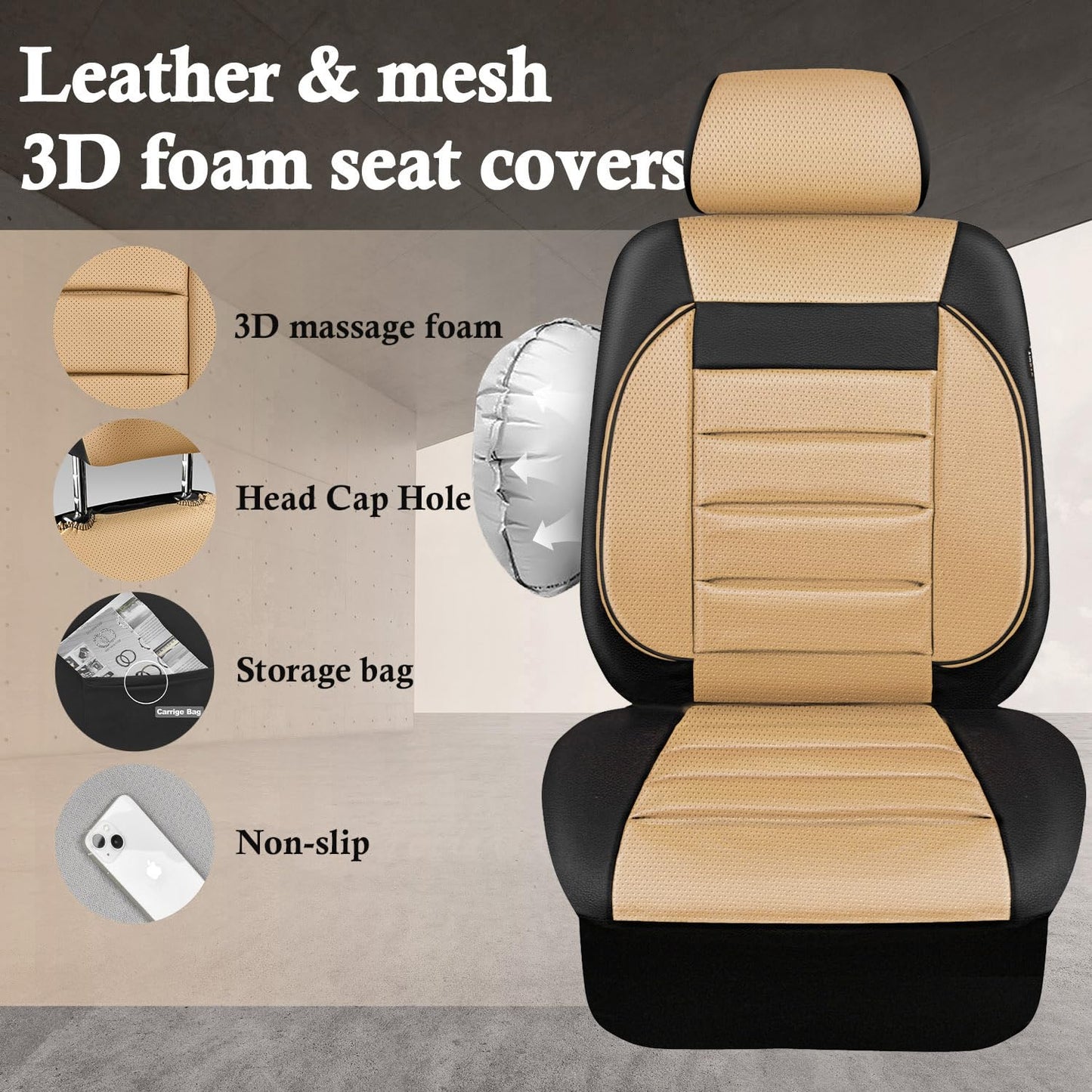 CAR PASS Faux Leather Car Seat Covers Front Seats Only, 3D Foam Support Car Seat Covers, Universal fit for Trucks Vans SUVs Sedans Automotive Comfortable, Airbag Compatible 2 Pieces Front Black Beige