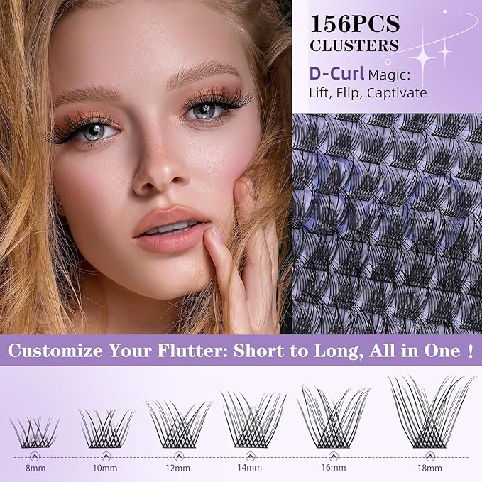 B&Q Wispy Lash Clusters Full B01,Eyelash Clusters 156PCS Comfortable band Cluster Eyelash Extensions,8-18mm Volume Individual Lashes Lightweight D Curl Lash Clusters Soft Eyelashes Natural Look(B01)