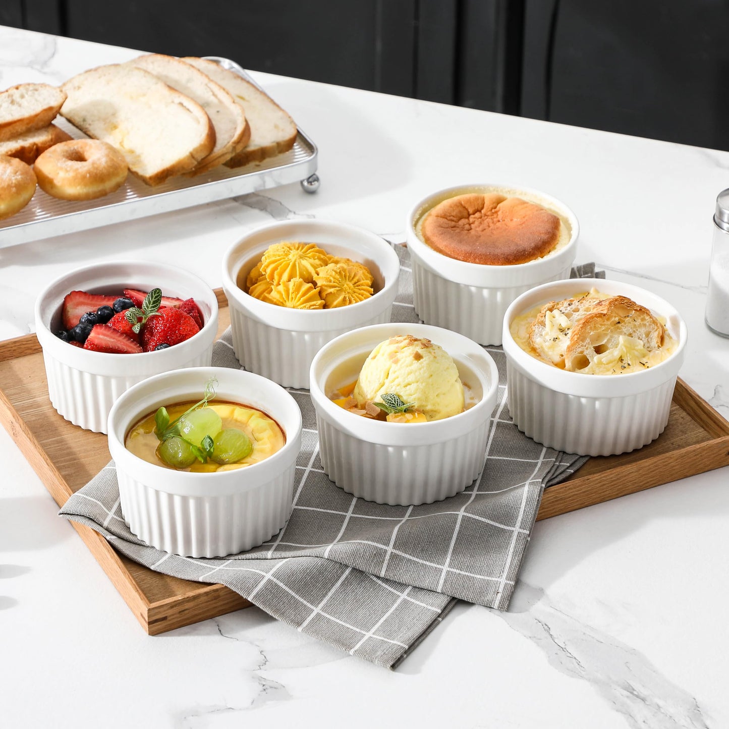 MALACASA Ramekins 12 oz Oven Safe, Porcelain Creme Brulee Ramekins Pudding Custard Cups Large Ceramic Souffle Dishes Ramakan Ramiken Ramicans Baking Bowls Set of 6, White, Series RAMEKIN-DISH
