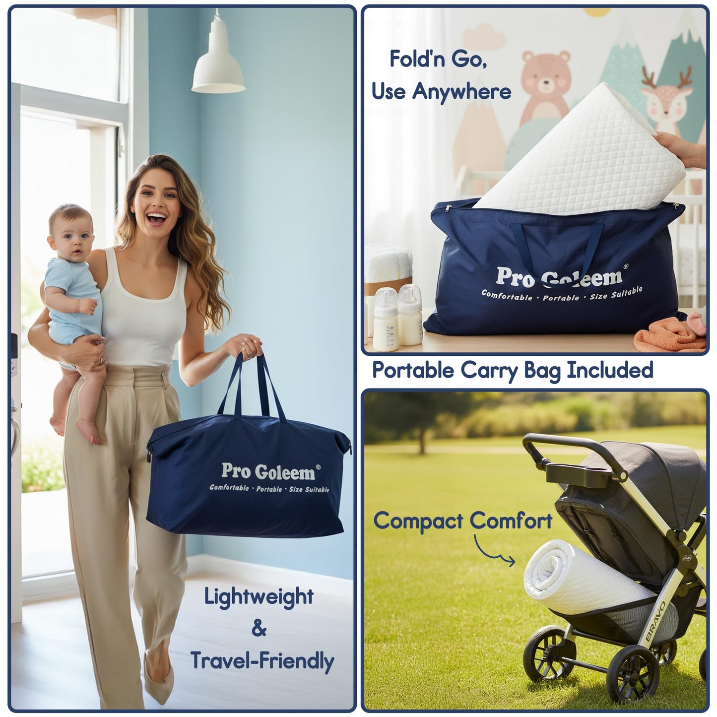 Pro Goleem Pack and Play Mattress (38"x26"), Waterproof Pack n Play Mattress Pad with Carry Bag, Firm Playard Mattress with Soft Cover, for Babies and Toddlers