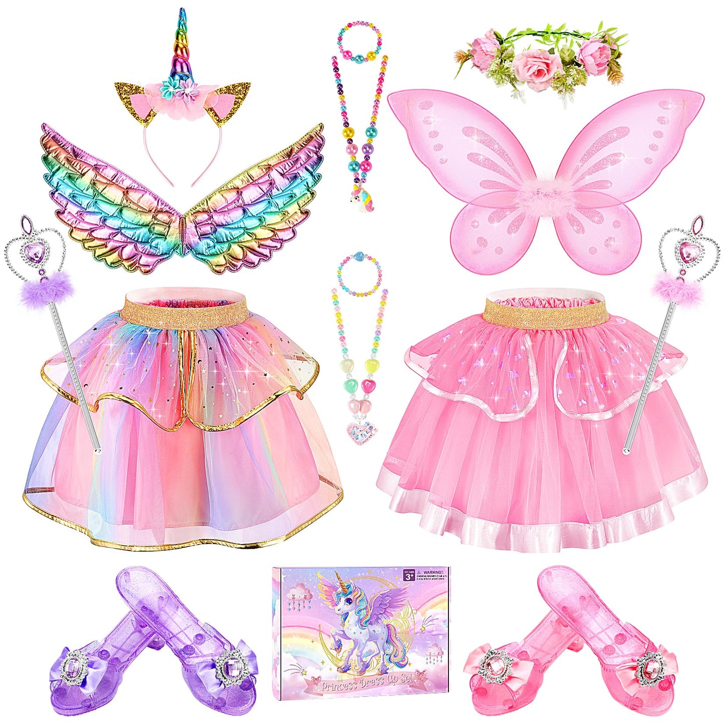 Princess Dress Up Fairy & Unicorn Costume for Girls 4-6, Toddler Dress with Tutu, Wings, Shoes, Jewelry, Headband Fairy Unicorn Toys for Girls Christmas Halloween Birthday Gift Toys