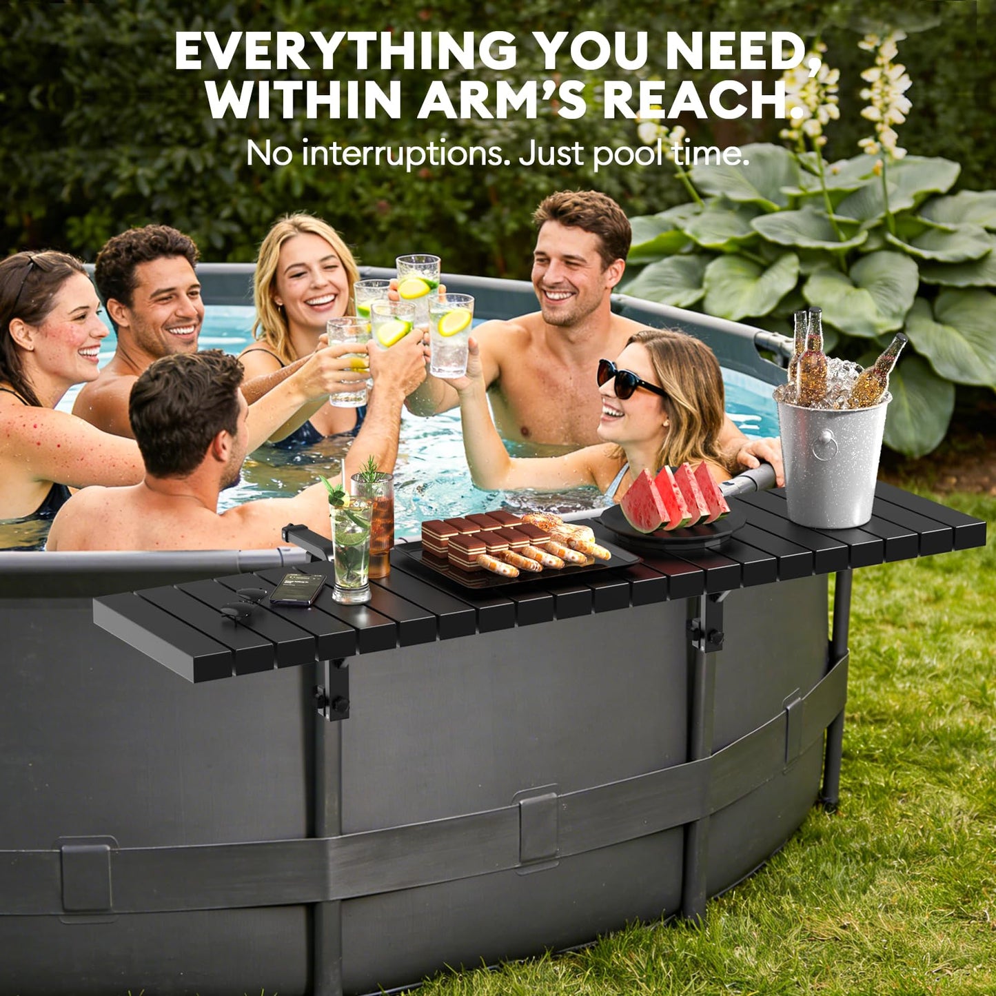 Pool Bar for Above Ground Pools, Stable Poolside Drink & Snack Table Supports Up to 110 lbs, Large Heavy-Duty Metal Poolside Bar Fits ≤4.4” Rails for Framed Round & Oval Pools, Ideal for Pool Parties
