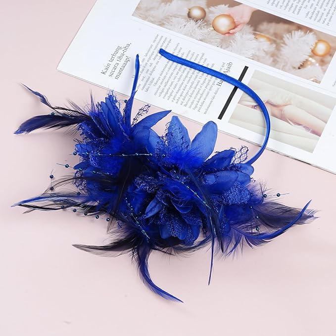 Womens Fascinators Hats Tea Party Hats for Women, Feather Pearl Veil Headband for Wedding Cocktail Dresses Accessories