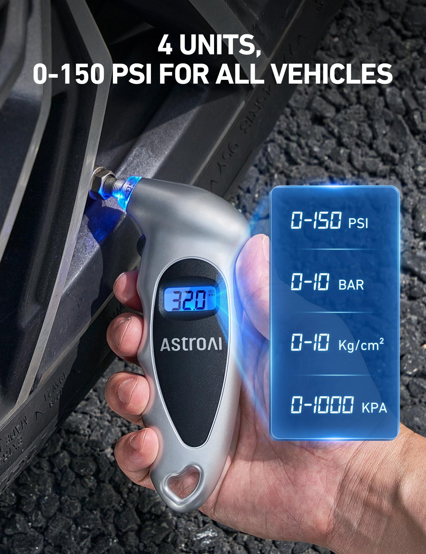 AstroAI Digital Tire Pressure Gauge 0-150PSI Calibrated to ANSI B40.7 +/-1PSI, 4 Units for Car Truck Bicycle with Backlight LCD and Presta Valve Adaptor, Sliver, 2Pack