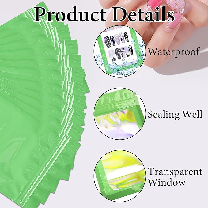 100PCS Empty Solid Green Holographic Nail Storage Bag Press on Nail Packaging Bag and 100PCS Shiny white cardboard Nail Tips Packaging Bags with 1 Roll Transparent Tape