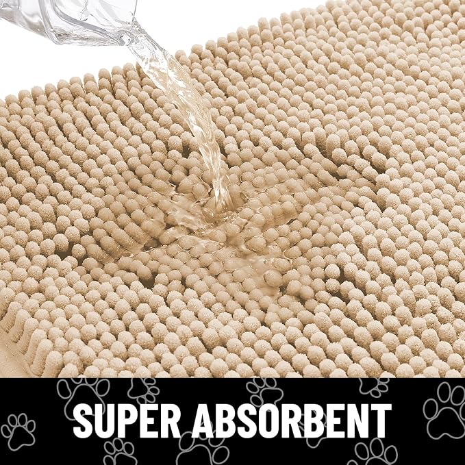 Smiry Dog Door Mat for Muddy Paws, Absorbent Dirt Trapper Non Slip Quick Dry Washable Chenille Mat for Mud Dogs, Entry Rug for Indoor and Outdoor (48x30 Inches, Beige and Black)