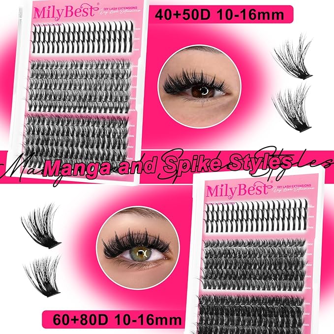 MilyBest Lash Clusters Kit 808Pcs Eyelash Clusters with Spikes and Bottom Lashes Clusters D Curl 4 Styles Lash Kit Fluffy DIY Individual Eyelashes Glue Wispy Cluster Eyelash Extensions Kit De Pestañas
