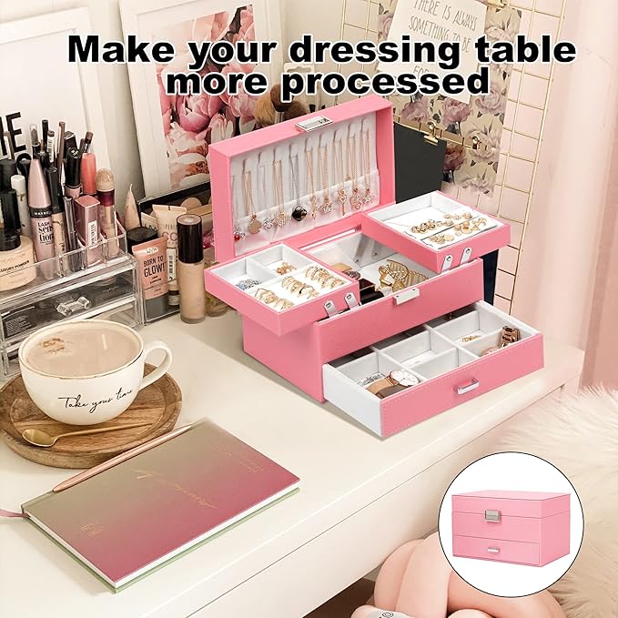 Dajasan Jewelry Organizer Box, Large Jewelry Boxes for Women Girls, Compact 3 Layers Jewelry Storage Case with Drawer, Gift Idea, Movable Metal Stand, Modern (Pink)