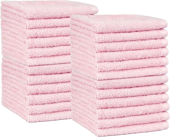 Amazon Basics Highly Absorbent, Fast Drying 100% Cotton Washcloths for Bathroom and Face, 12 x 12 inches, Petal Pink, 24-Pack