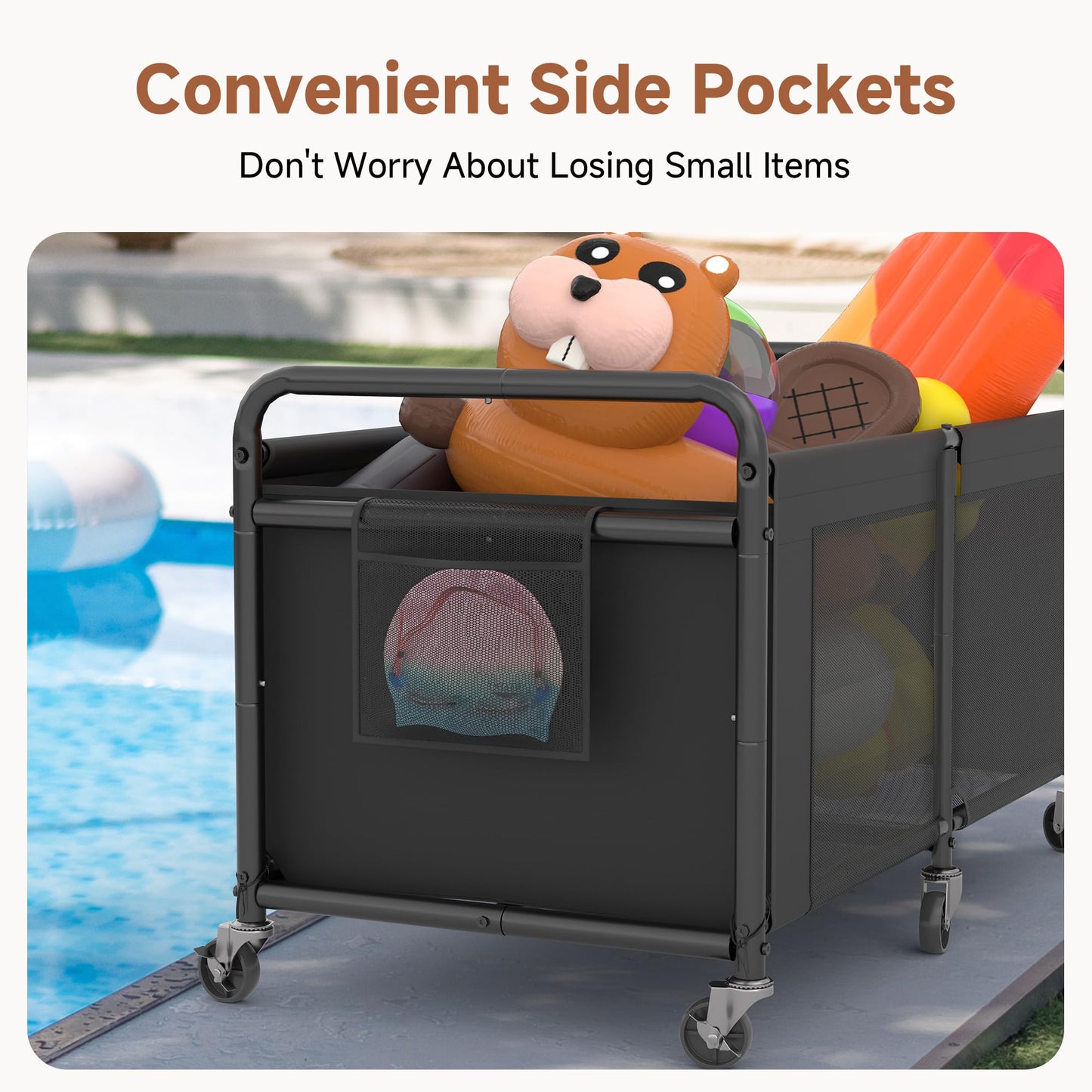 StorageWorks 120 Gallon Pool Float Storage, Mesh Pool Toy Storage Bin with Wheel and Side Pockets, Small Swimming Organizer, Outdoor Noodles Holder, Black