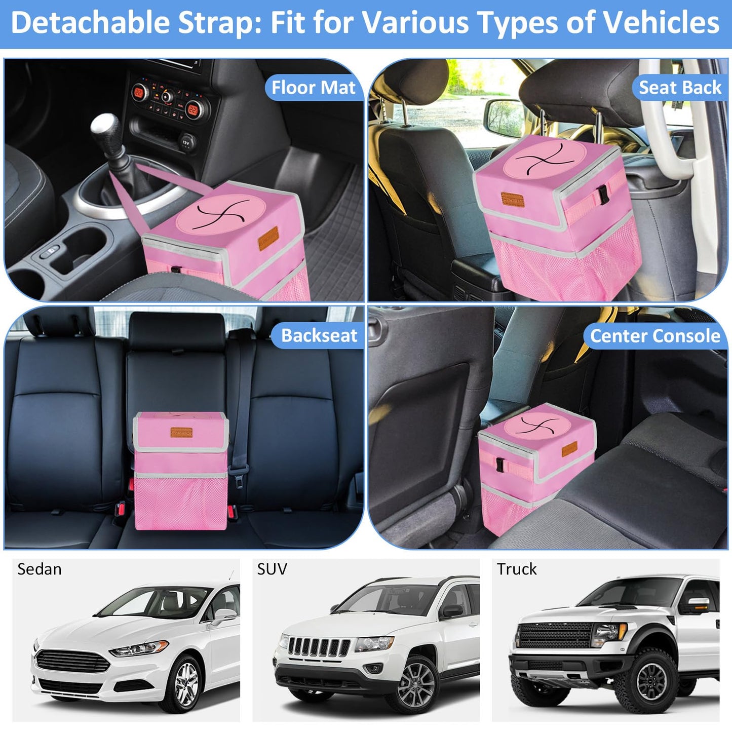 ELONGRIVER Car Trash Can Bin for Back Seat Leak Proof, Cute Car Trash Bag Hanging, Vehicle Trash Can for SUV Truck Van, Automotive Garbage Cans Front Seat Pink