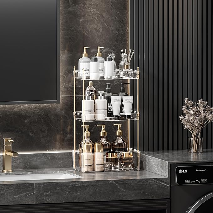 Akinbas 3 Tier Bathroom Organizer Countertop Makeup Perfume Tray Skincare Organizer for Bathroom Dresser Vanity (White)