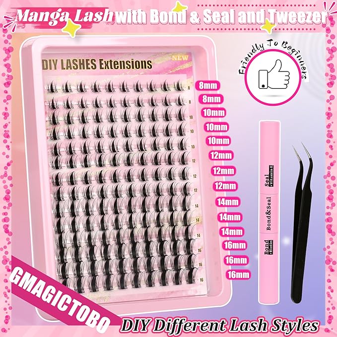Lash Clusters Manga Lash Clusters Kit Clear Fairy Eyelash Clusters Wet-Look Spiky Anime Lashes Pack C Curl Individual Lashes Lash Glue Lash Tweezers