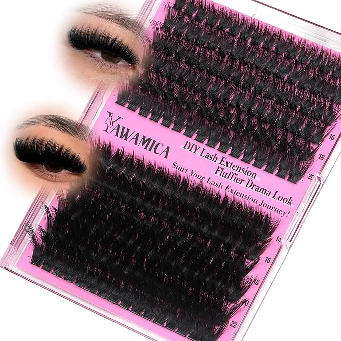 Yawamica Volume Lash Clusters Fluffy Wispy Eyelash Clusters 160D+300D Full Dramatic Cluster Eyelash Extensions 12-24mm Long Thick Individual Lashes DIY Salon Extensions by Self