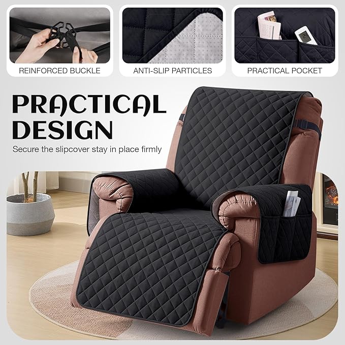 KinCam 100% Waterproof Recliner Chair Cover, Reclining Couch Covers for Pets, Dogs, Recliner Couch Slipcover Furniture Protector with Elastic Straps for Kids(28", Black)